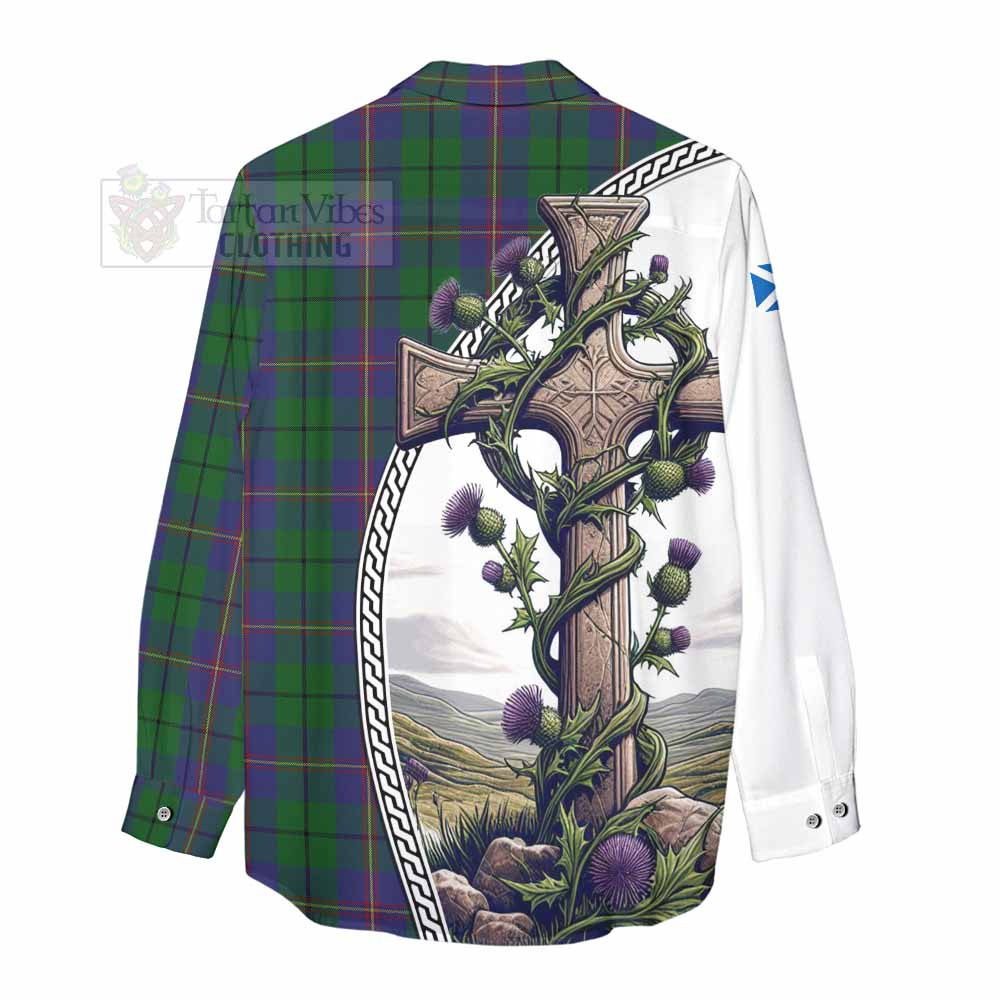 Tartan Vibes Clothing Carmichael Tartan Women's Casual Shirt with Family Crest and St. Andrew's Cross Accented by Thistle Vines