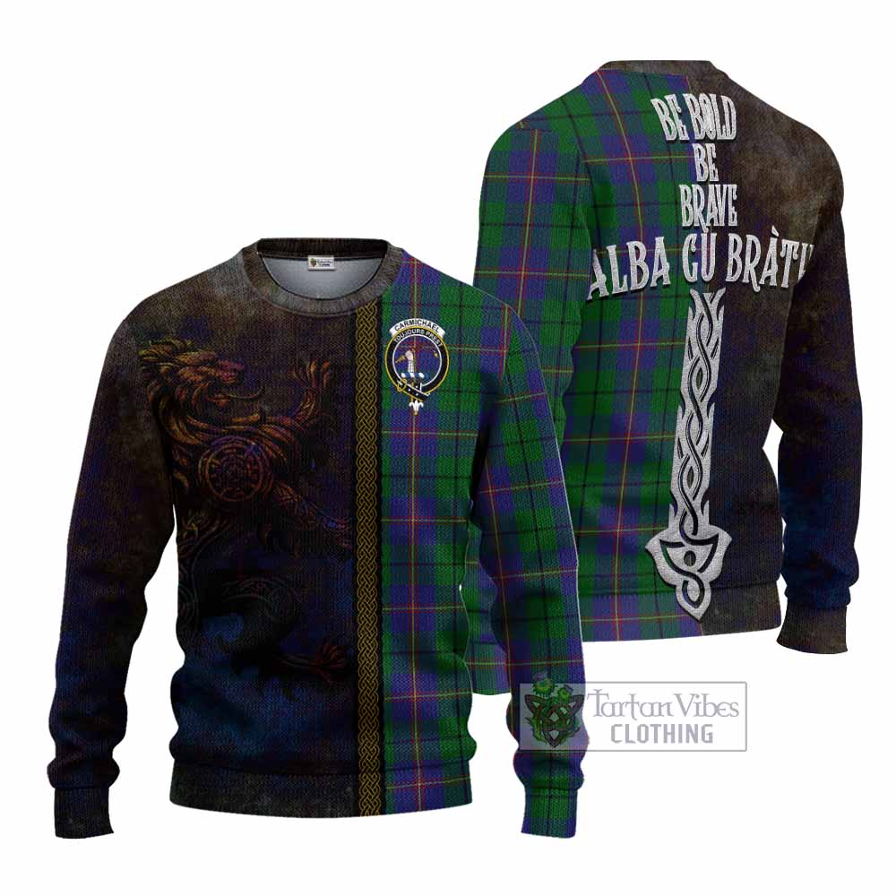 Tartan Vibes Clothing Carmichael Tartan Family Crest Knitted Sweater Alba Gu Brath Be Brave Lion Ancient Style