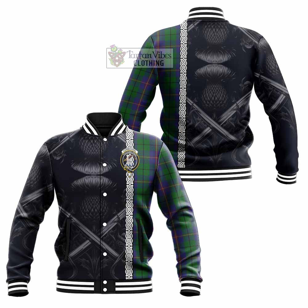 Tartan Vibes Clothing Carmichael Tartan Baseball Jacket with Family Crest Cross Sword Thistle Celtic Vibes