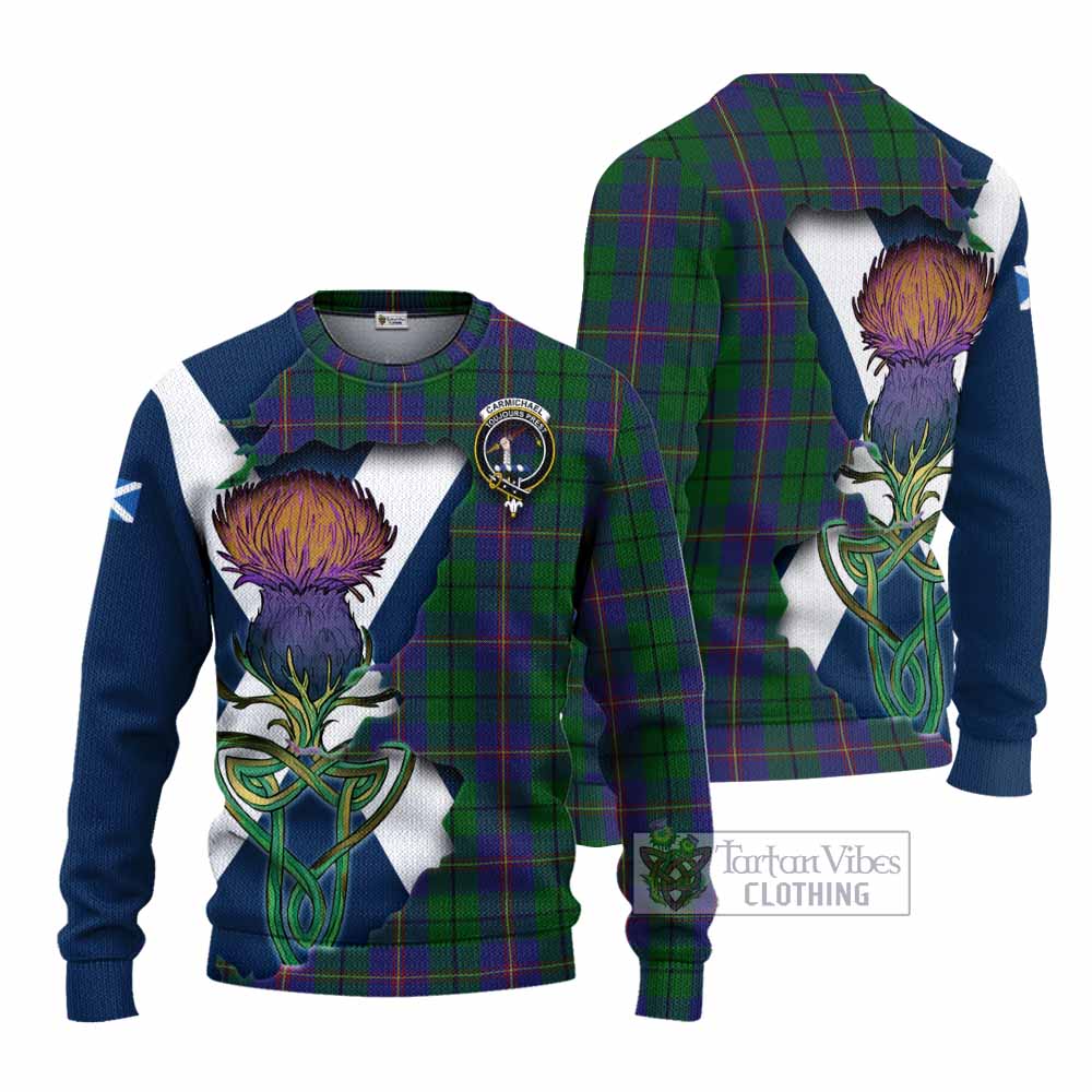 Tartan Vibes Clothing Carmichael Tartan Family Crest Knitted Sweater Scottish Thistle Celtic Inspired