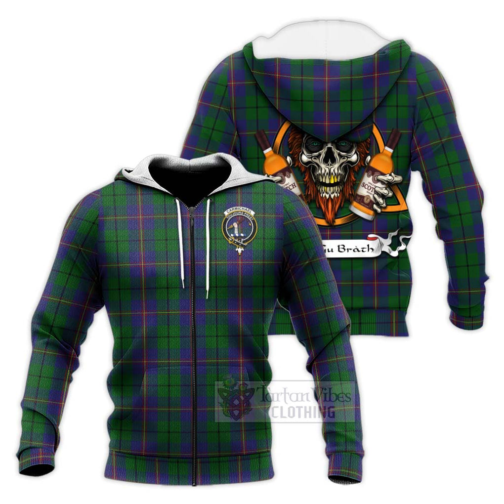 Tartan Vibes Clothing Carmichael Tartan Knitted Hoodie with Family Crest and Bearded Skull Holding Bottles of Whiskey