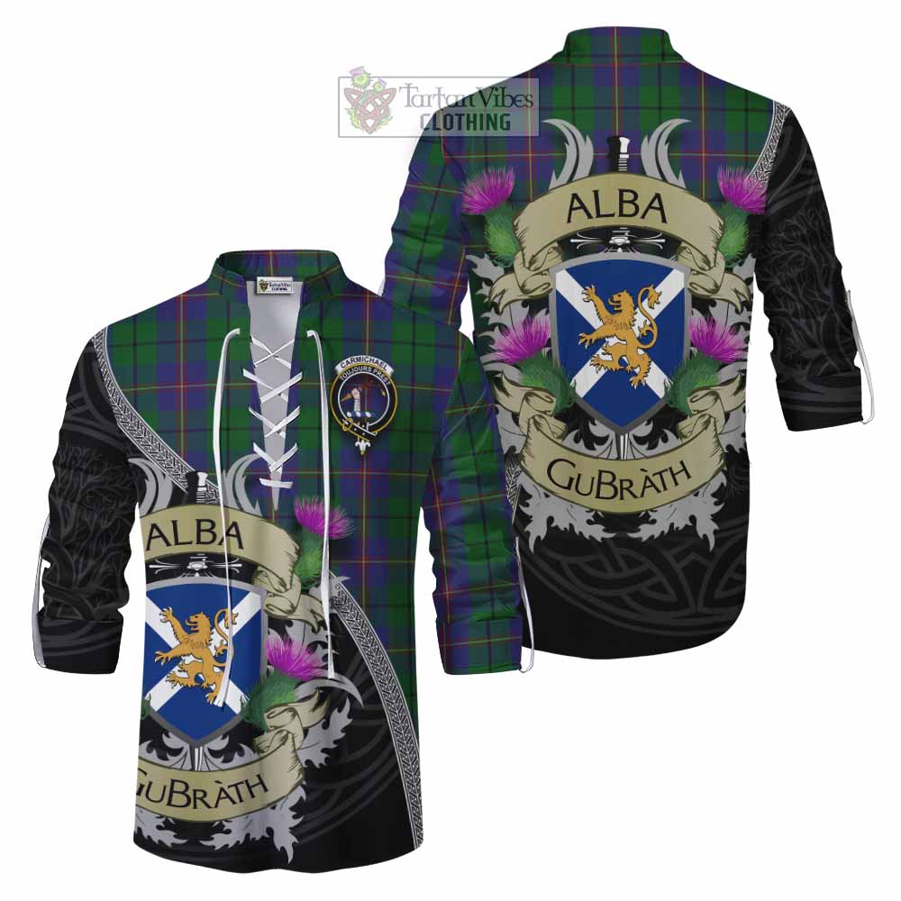 Tartan Vibes Clothing Carmichael Tartan Family Crest Ghillie Kilt Shirt Lion Rampant Royal Thistle Shield Celtic Inspired