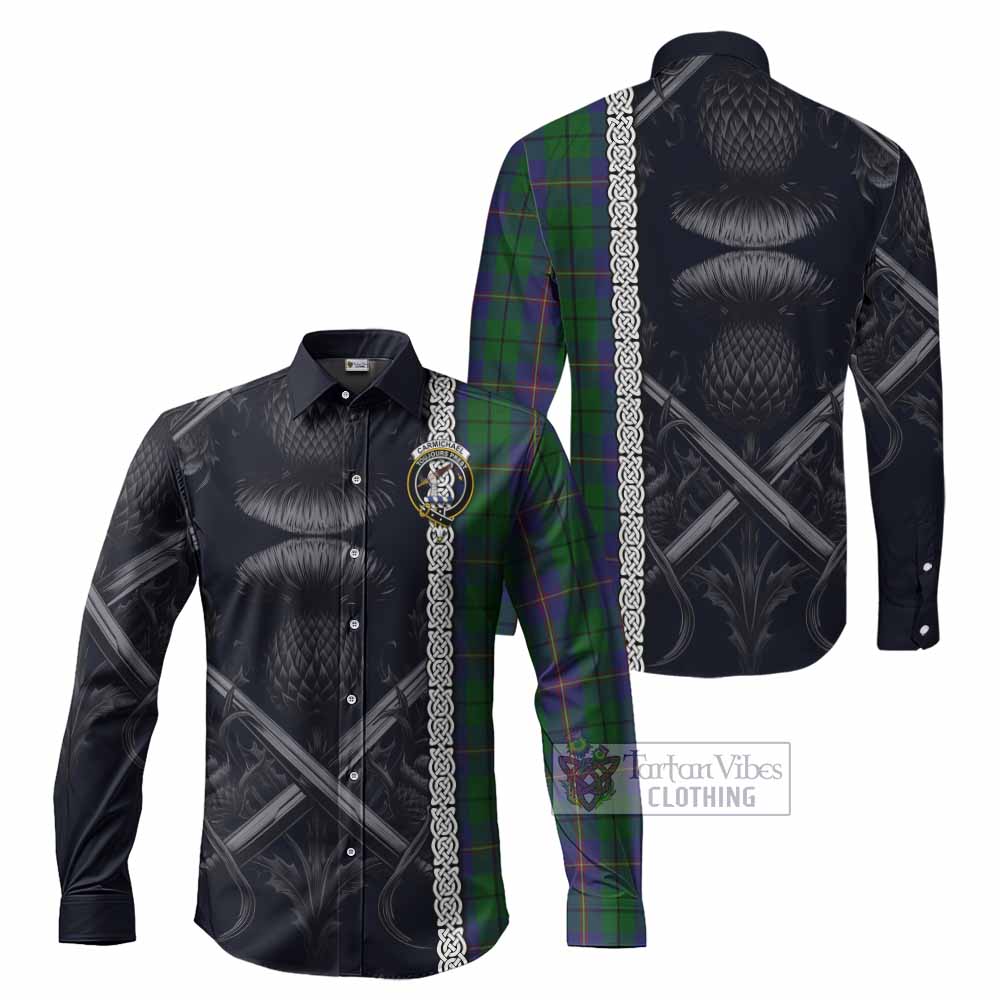 Tartan Vibes Clothing Carmichael Tartan Long Sleeve Button Shirt with Family Crest Cross Sword Thistle Celtic Vibes
