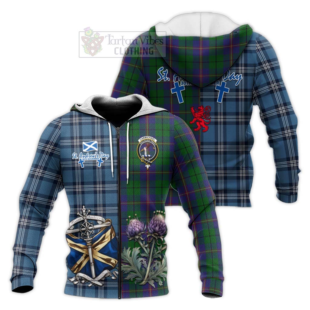 Tartan Vibes Clothing Carmichael Tartan Knitted Hoodie Happy St. Andrew's Day Half Tartan Style