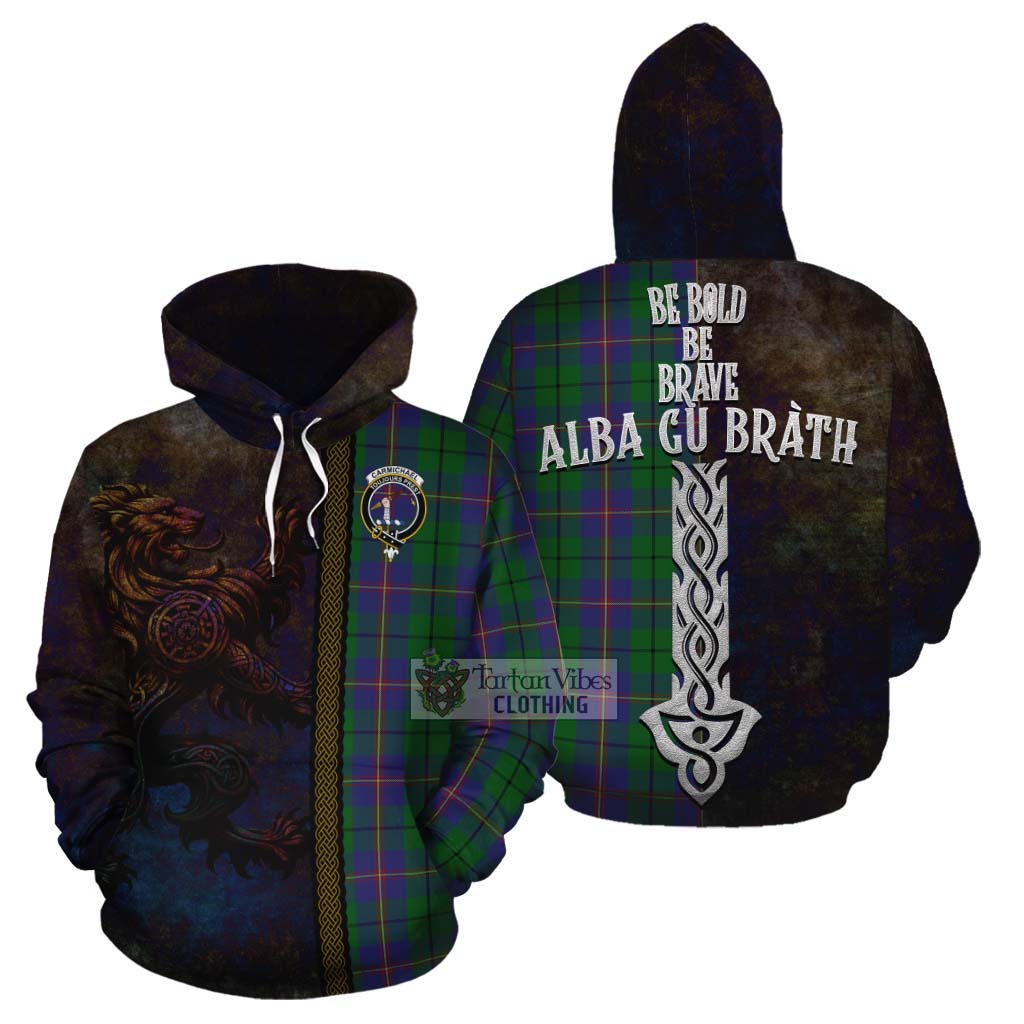 Tartan Vibes Clothing Carmichael Tartan Family Crest Cotton Hoodie Alba Gu Brath Be Brave Lion Ancient Style