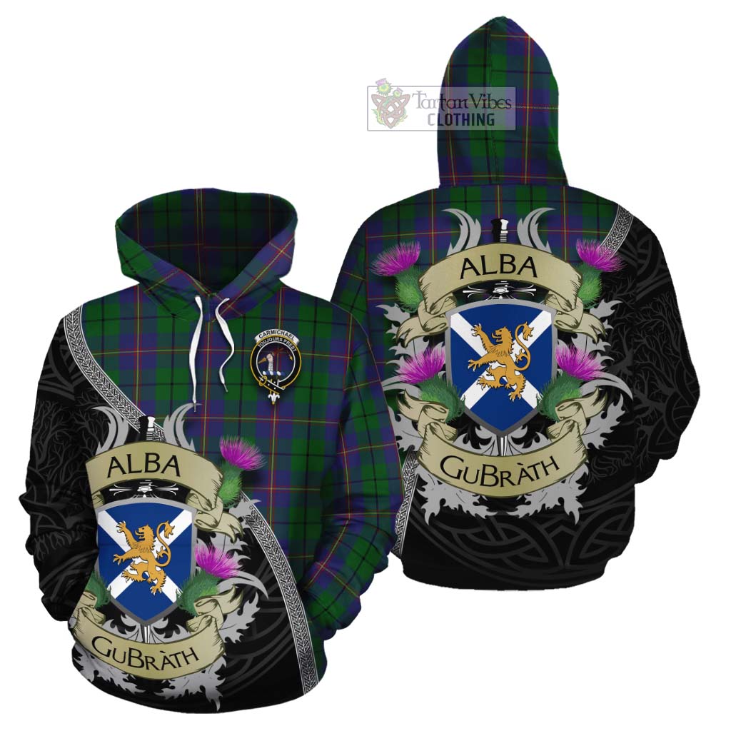 Tartan Vibes Clothing Carmichael Tartan Family Crest Cotton Hoodie Lion Rampant Royal Thistle Shield Celtic Inspired