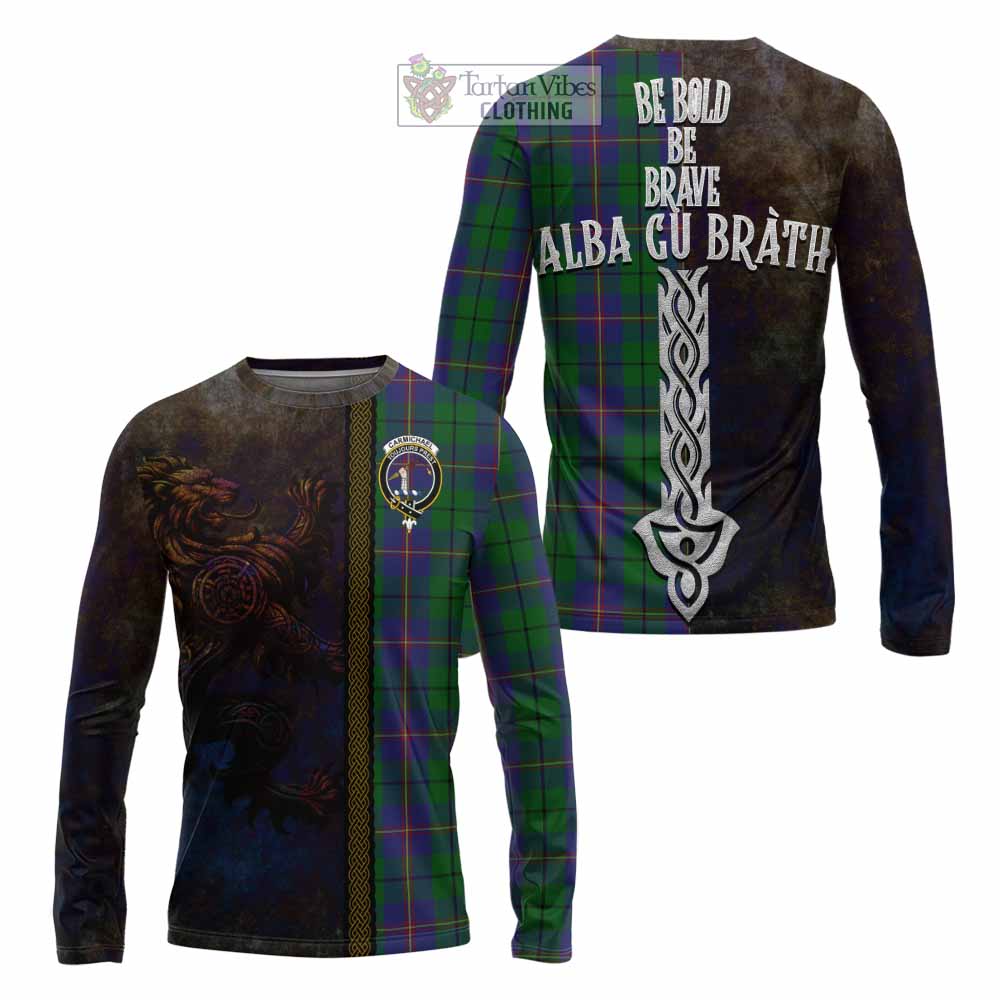 Tartan Vibes Clothing Carmichael Tartan Family Crest Long Sleeve T-Shirt Alba Gu Brath Be Brave Lion Ancient Style