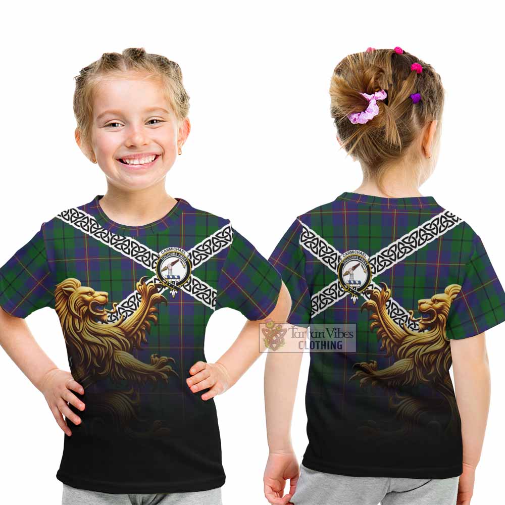 Tartan Vibes Clothing Carmichael Crest Tartan Kid T-Shirt with Golden Lion Emblem Celtic Style