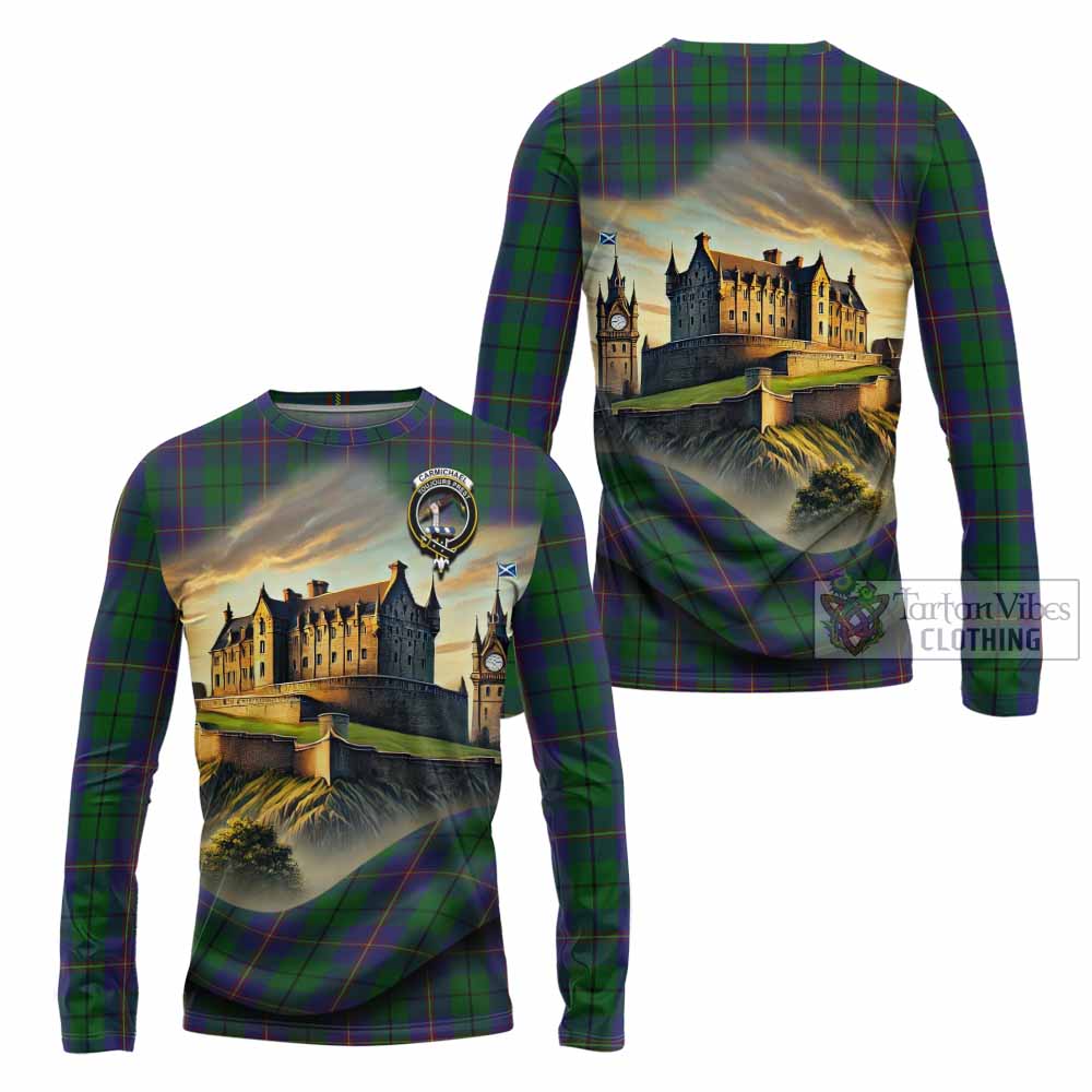 Tartan Vibes Clothing Carmichael Tartan Family Crest Long Sleeve T-Shirt with Scottish Ancient Castle Style