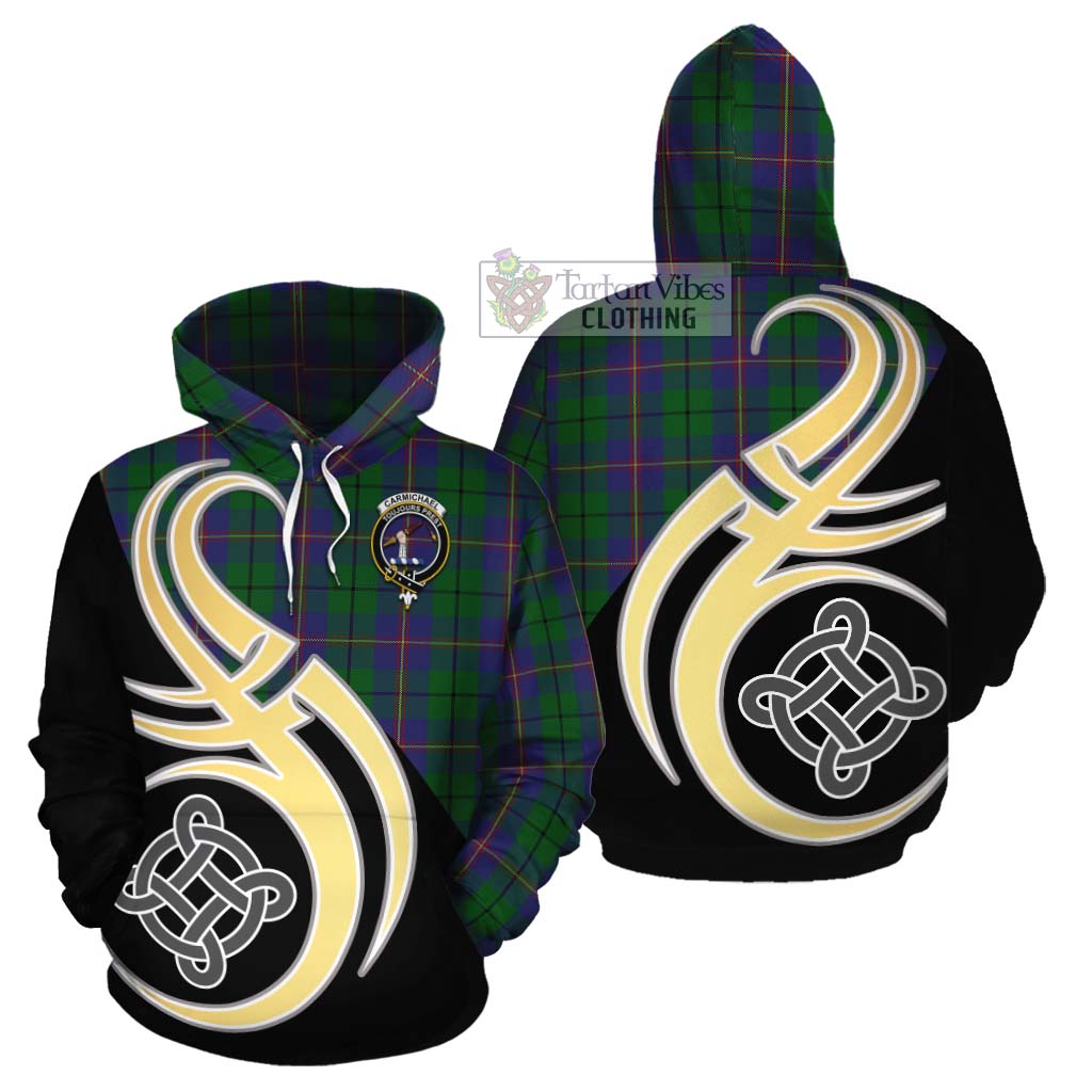 Tartan Vibes Clothing Carmichael Tartan Cotton Hoodie with Family Crest and Celtic Symbol Style