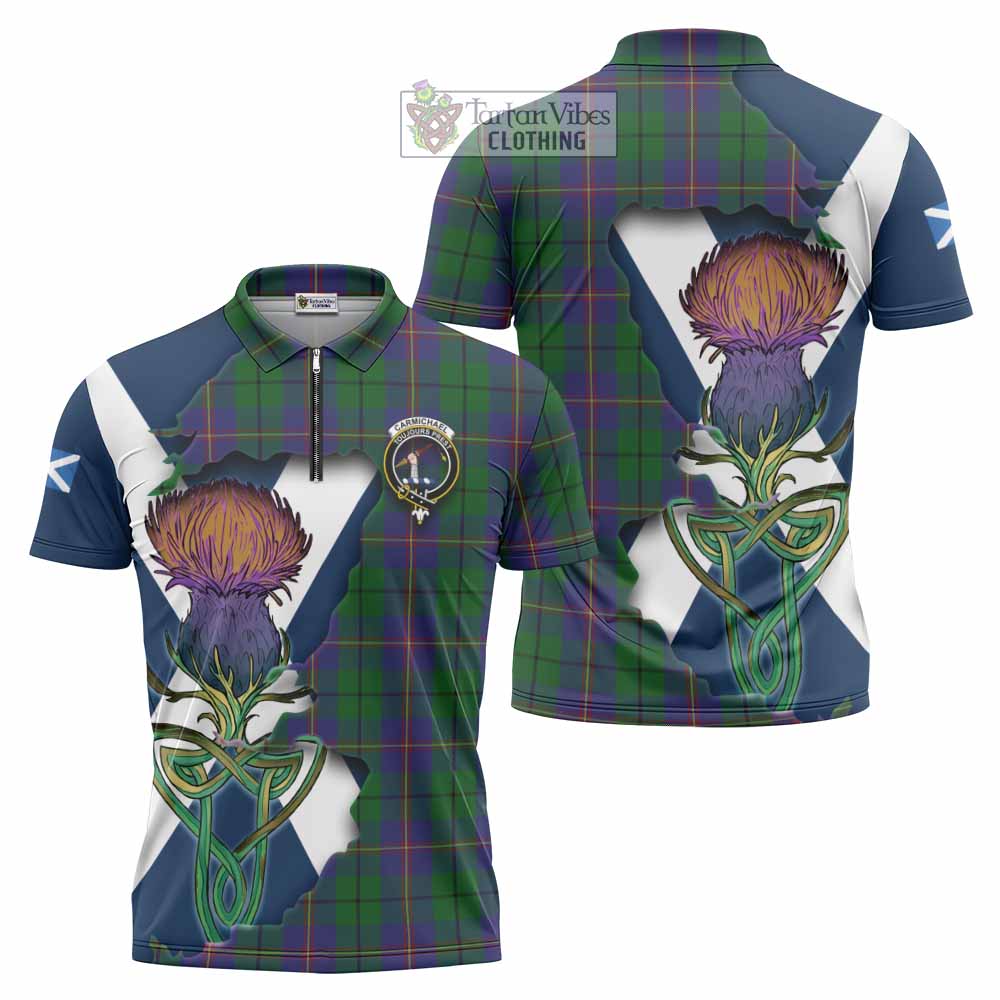 Tartan Vibes Clothing Carmichael Tartan Family Crest Zipper Polo Shirt Scottish Thistle Celtic Inspired