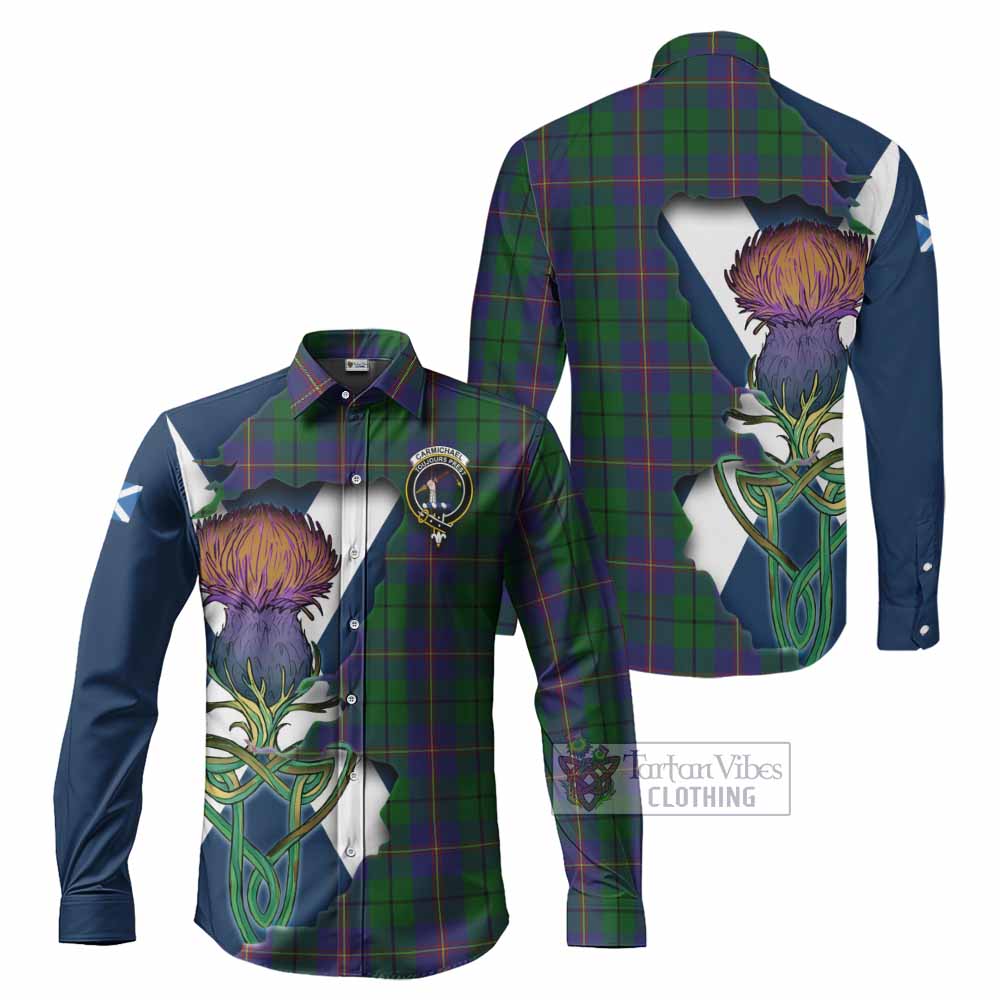 Tartan Vibes Clothing Carmichael Tartan Family Crest Long Sleeve Button Shirt Scottish Thistle Celtic Inspired