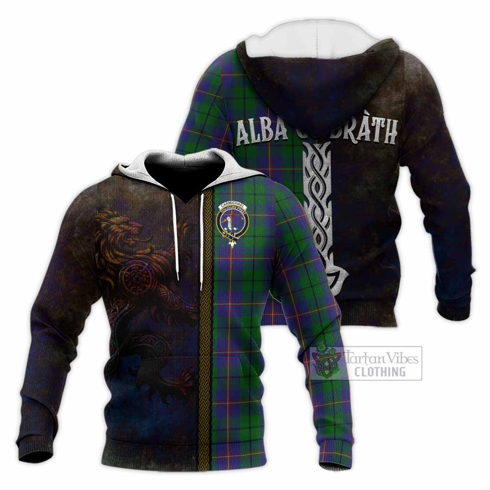 Tartan Vibes Clothing Carmichael Tartan Family Crest Knitted Hoodie Alba Gu Brath Be Brave Lion Ancient Style