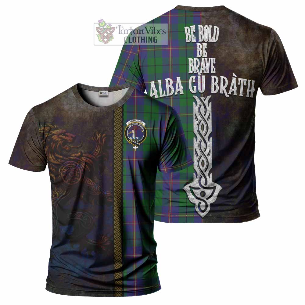 Tartan Vibes Clothing Carmichael Tartan Family Crest T-Shirt Alba Gu Brath Be Brave Lion Ancient Style