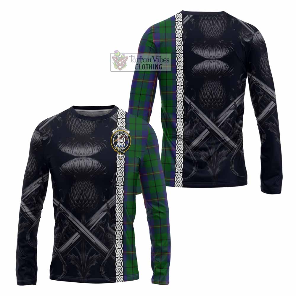 Tartan Vibes Clothing Carmichael Tartan Long Sleeve T-Shirt with Family Crest Cross Sword Thistle Celtic Vibes