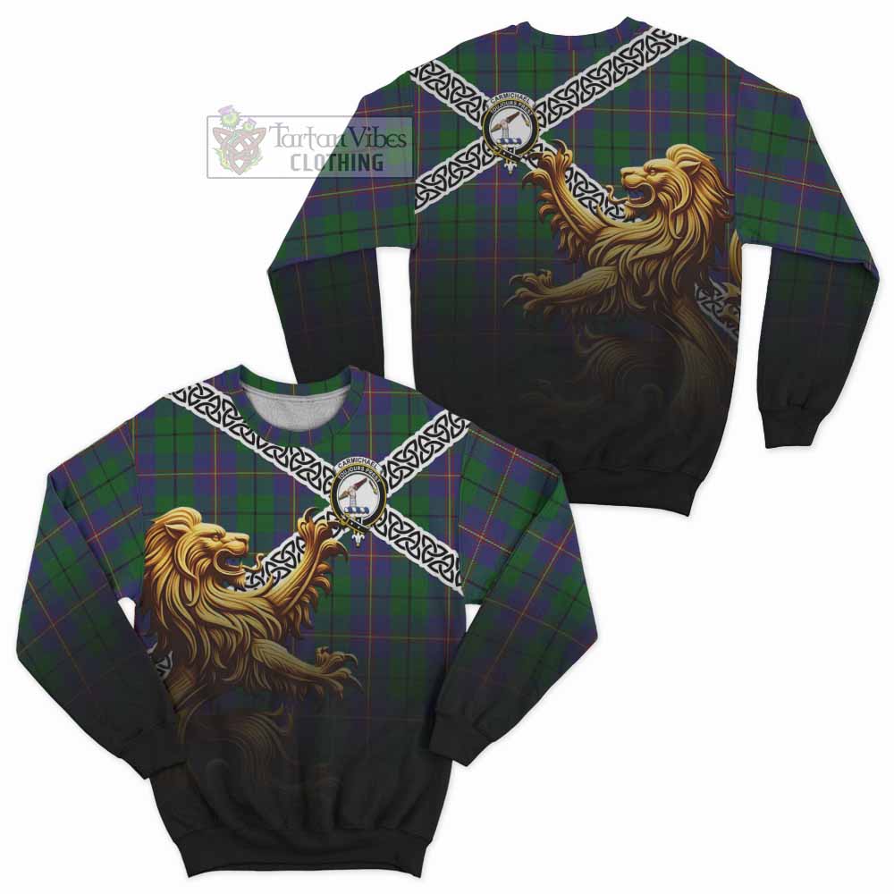Tartan Vibes Clothing Carmichael Crest Tartan Sweatshirt with Golden Lion Emblem Celtic Style