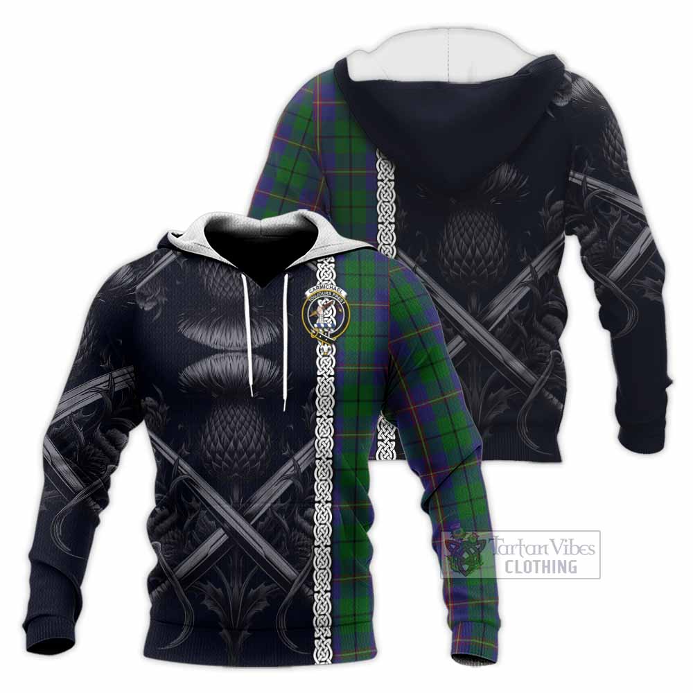 Tartan Vibes Clothing Carmichael Tartan Knitted Hoodie with Family Crest Cross Sword Thistle Celtic Vibes