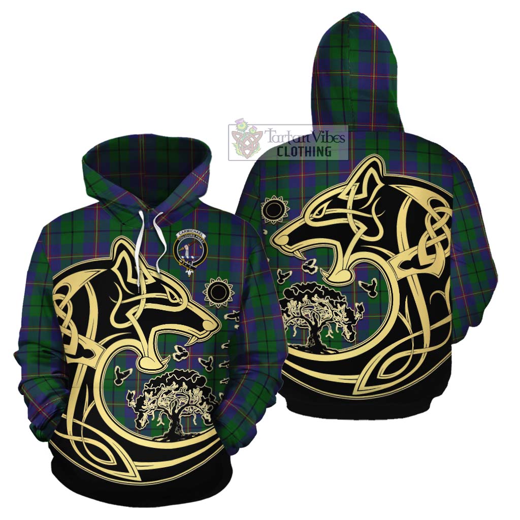 Tartan Vibes Clothing Carmichael Tartan Cotton Hoodie with Family Crest Celtic Wolf Style