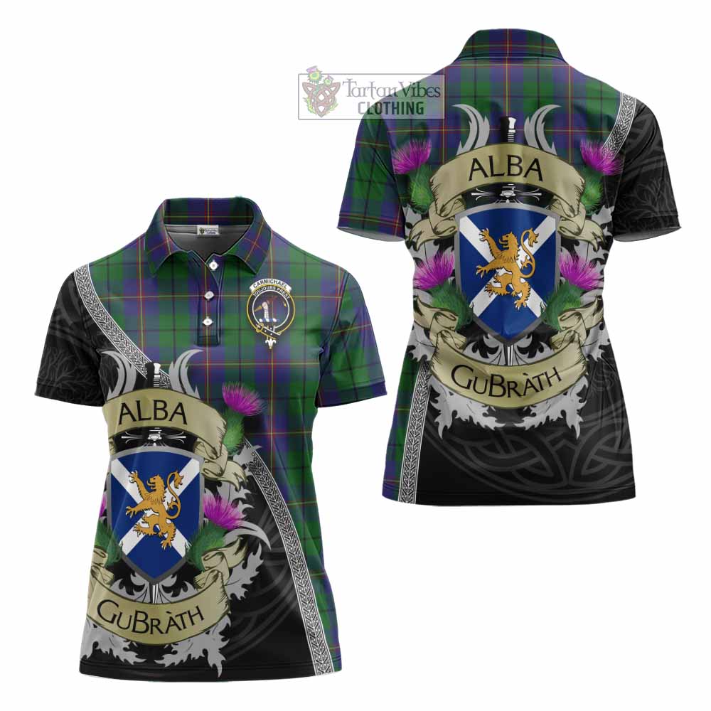 Tartan Vibes Clothing Carmichael Tartan Family Crest Women's Polo Shirt Lion Rampant Royal Thistle Shield Celtic Inspired