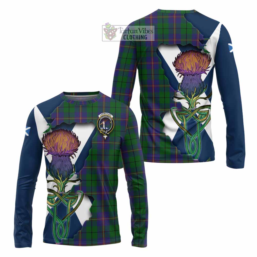 Tartan Vibes Clothing Carmichael Tartan Family Crest Long Sleeve T-Shirt Scottish Thistle Celtic Inspired
