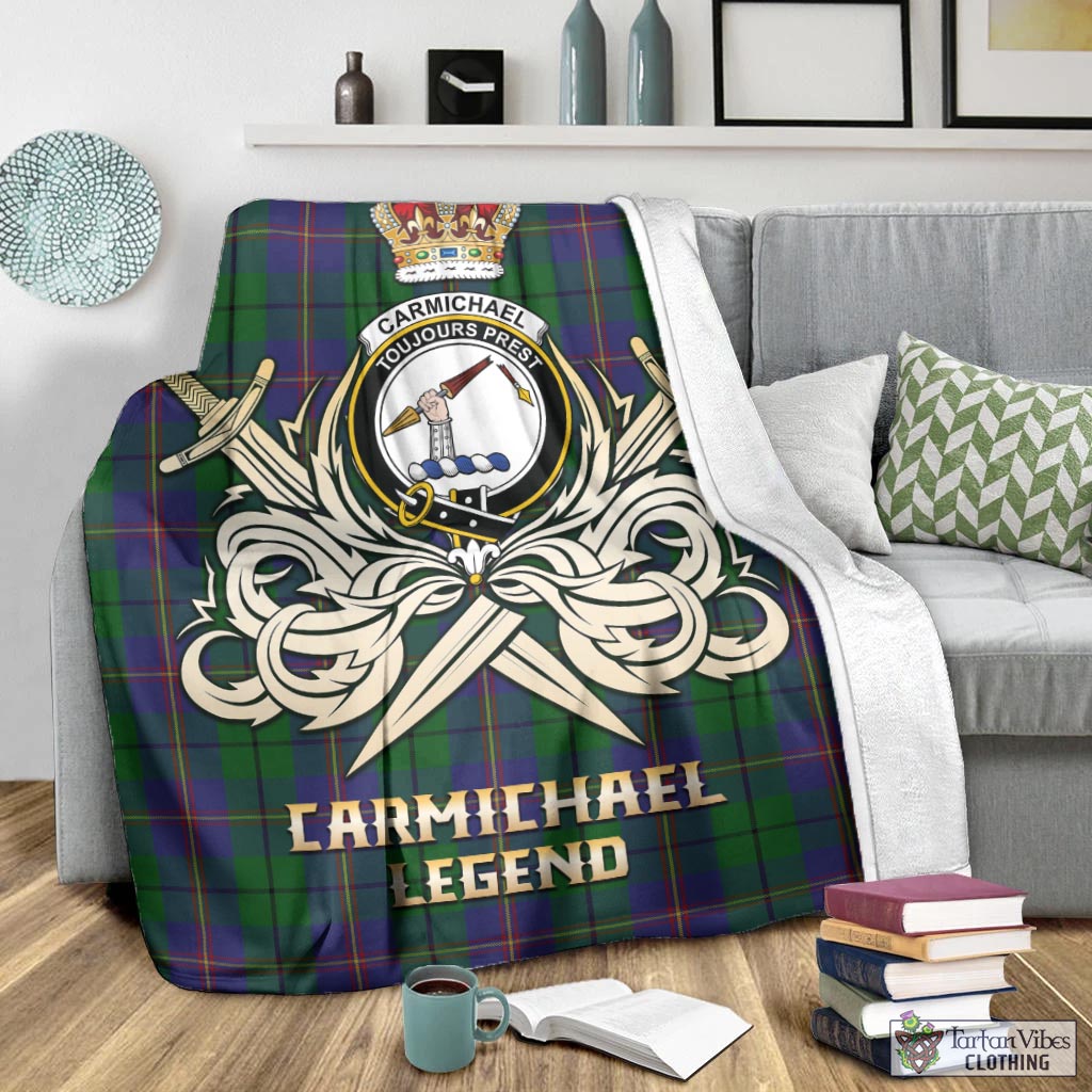 Tartan Vibes Clothing Carmichael Tartan Blanket with Clan Crest and the Golden Sword of Courageous Legacy