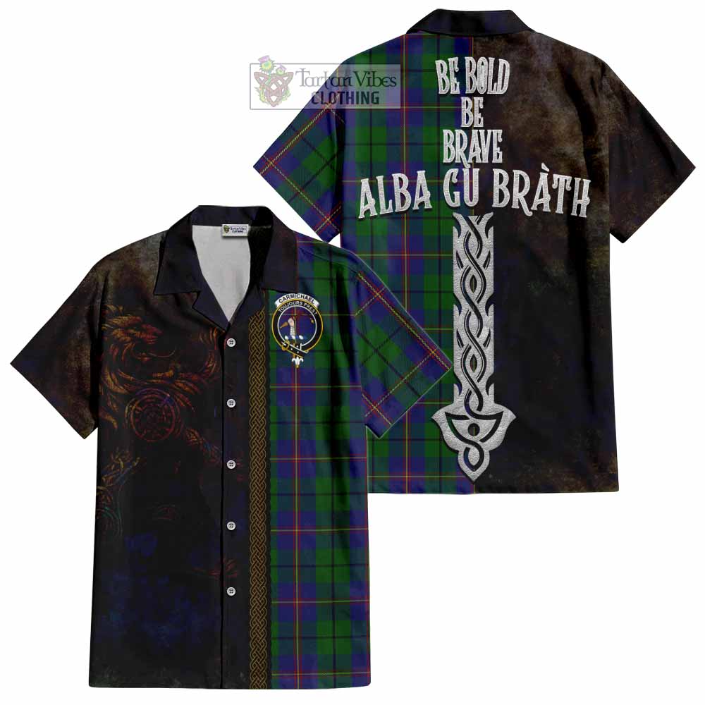 Tartan Vibes Clothing Carmichael Tartan Family Crest Short Sleeve Button Shirt Alba Gu Brath Be Brave Lion Ancient Style