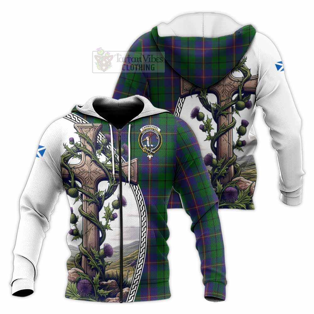Tartan Vibes Clothing Carmichael Tartan Knitted Hoodie with Family Crest and St. Andrew's Cross Accented by Thistle Vines