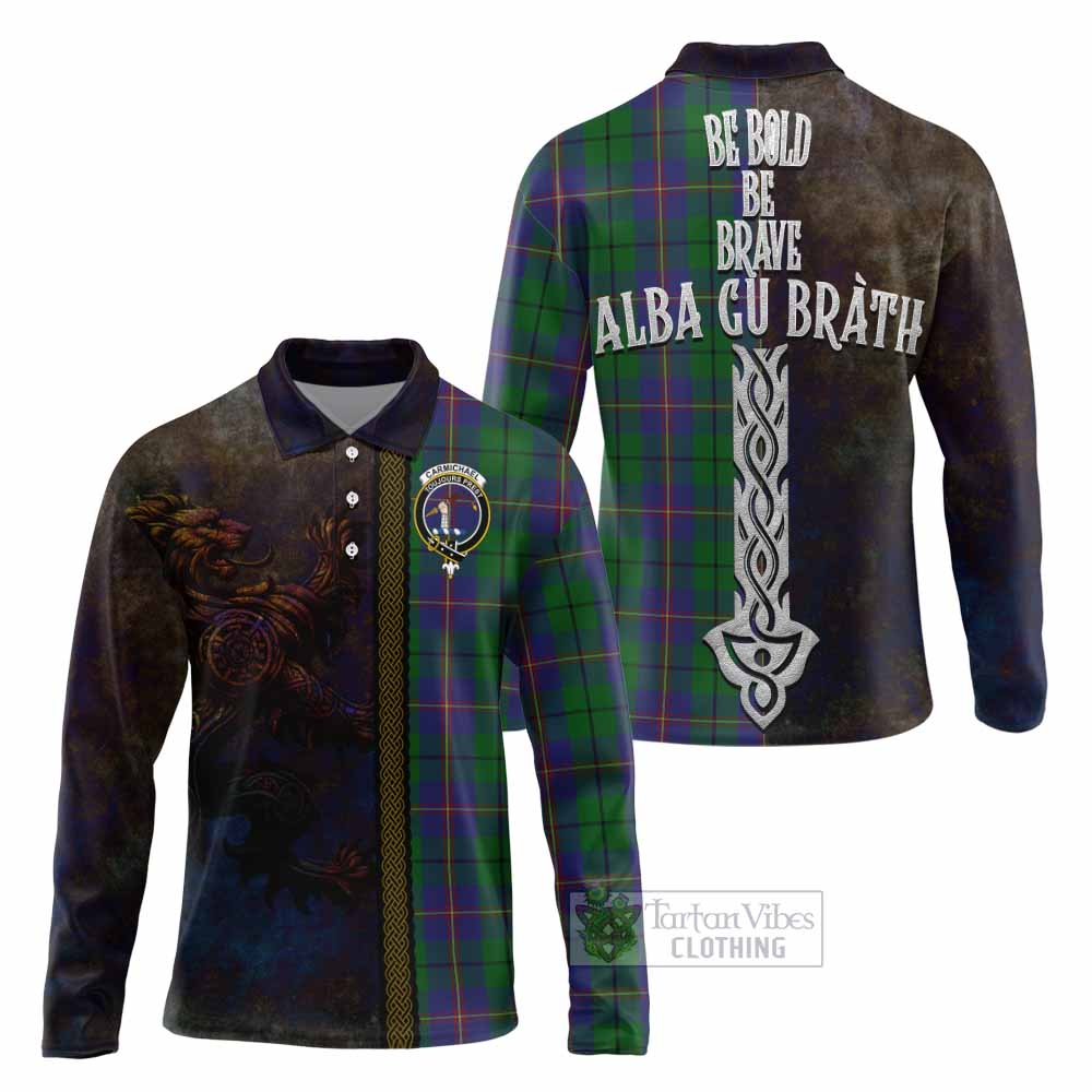 Tartan Vibes Clothing Carmichael Tartan Family Crest Long Sleeve Polo Shirt Alba Gu Brath Be Brave Lion Ancient Style