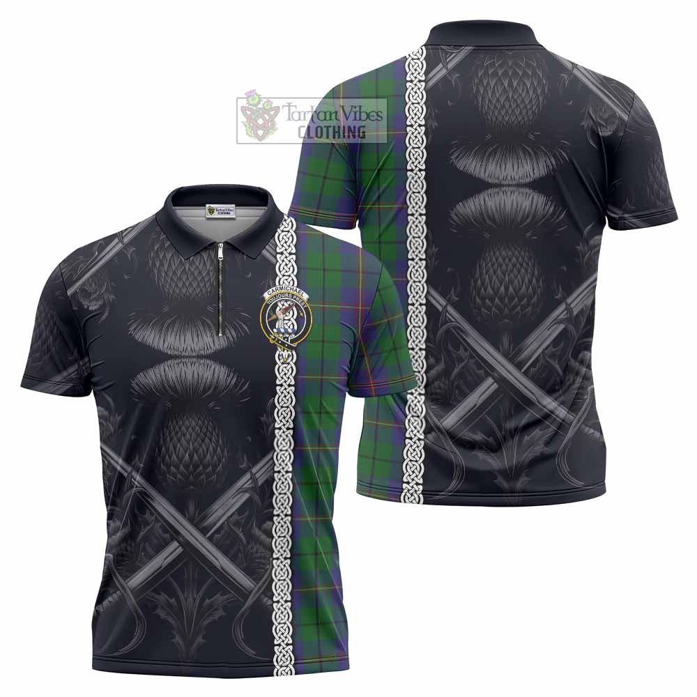 Tartan Vibes Clothing Carmichael Tartan Zipper Polo Shirt with Family Crest Cross Sword Thistle Celtic Vibes
