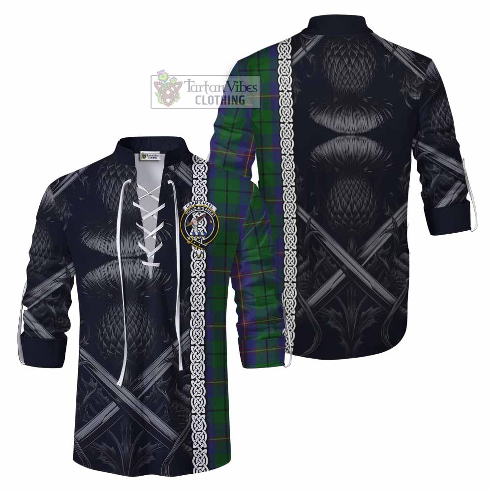 Tartan Vibes Clothing Carmichael Tartan Ghillie Kilt Shirt with Family Crest Cross Sword Thistle Celtic Vibes