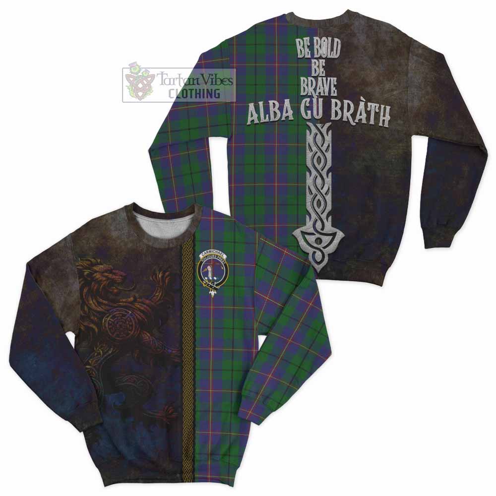 Tartan Vibes Clothing Carmichael Tartan Family Crest Sweatshirt Alba Gu Brath Be Brave Lion Ancient Style