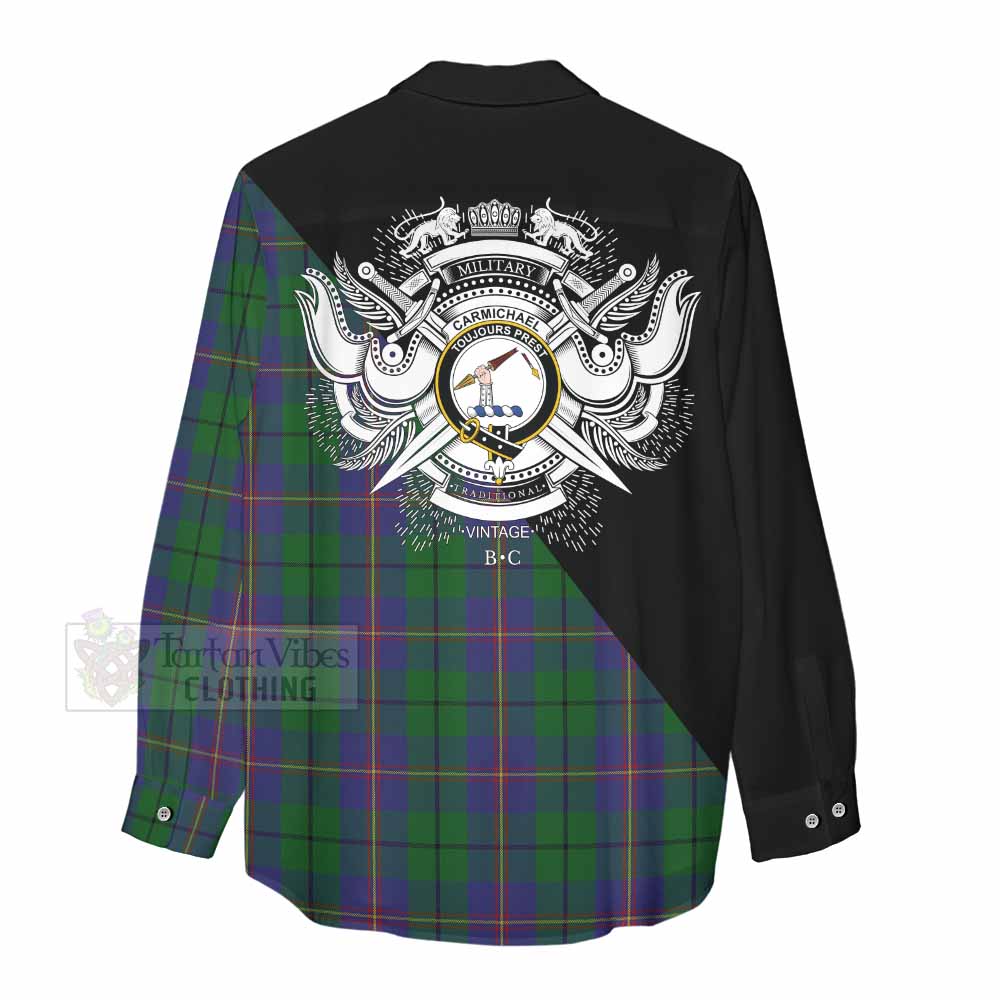 Tartan Vibes Clothing Carmichael Tartan Women's Casual Shirt with Family Crest and Military Logo Style
