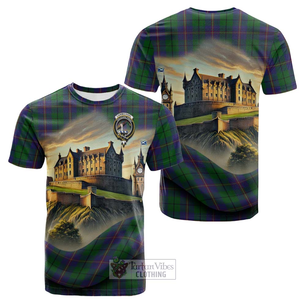 Tartan Vibes Clothing Carmichael Tartan Family Crest Cotton T-shirt with Scottish Ancient Castle Style