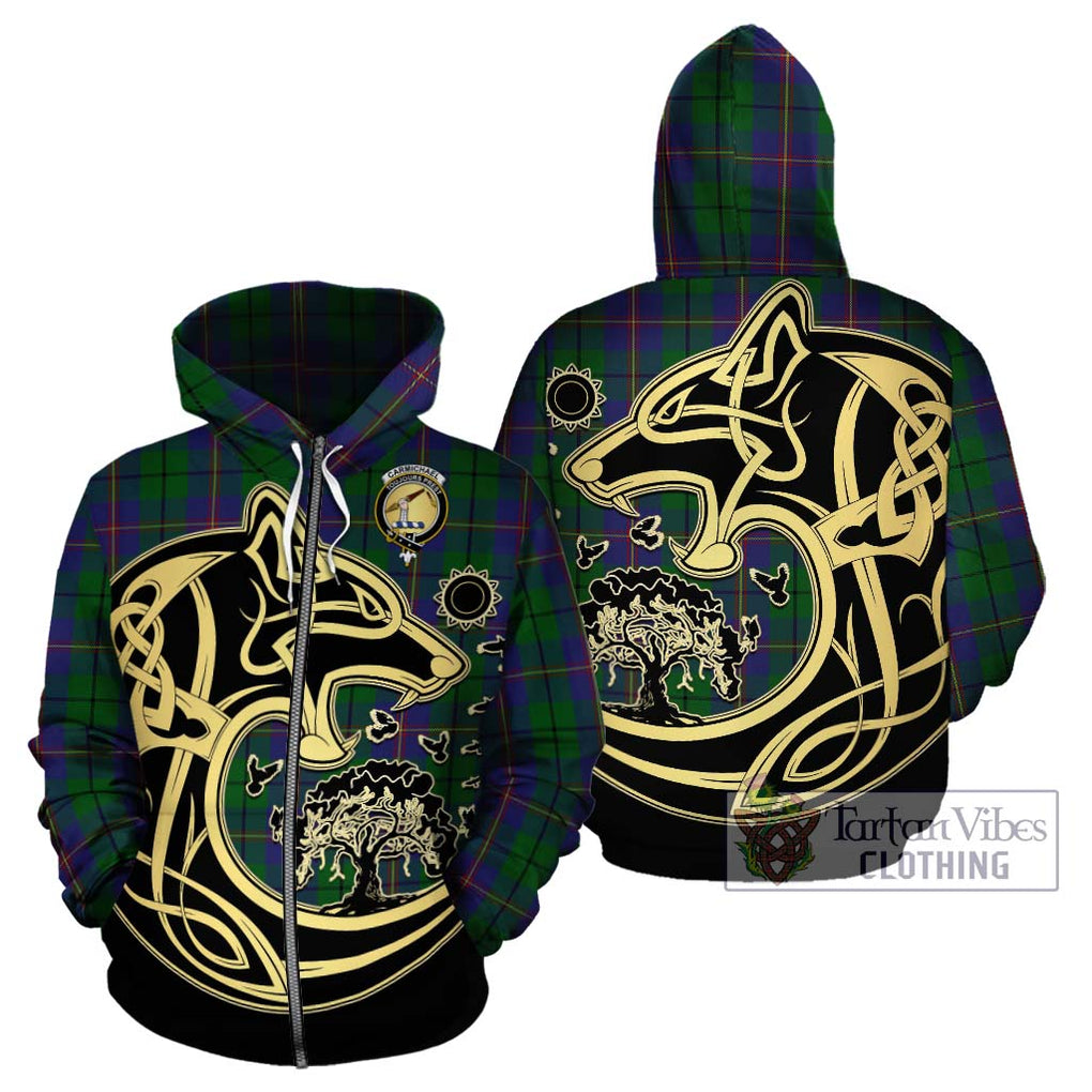 Carmichael Tartan Hoodie with Family Crest Celtic Wolf Style - Tartan Vibes Clothing