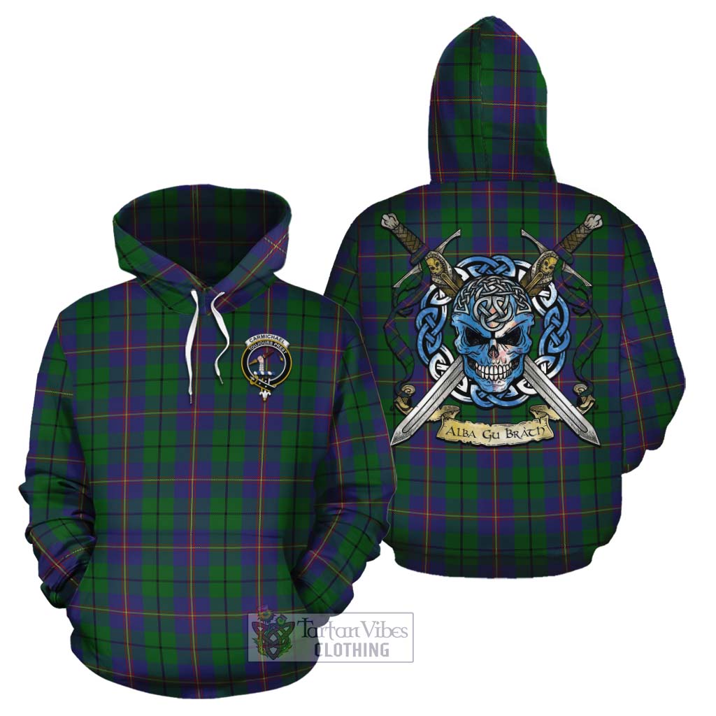Tartan Vibes Clothing Carmichael Tartan Cotton Hoodie with Family Crest Celtic Skull Style