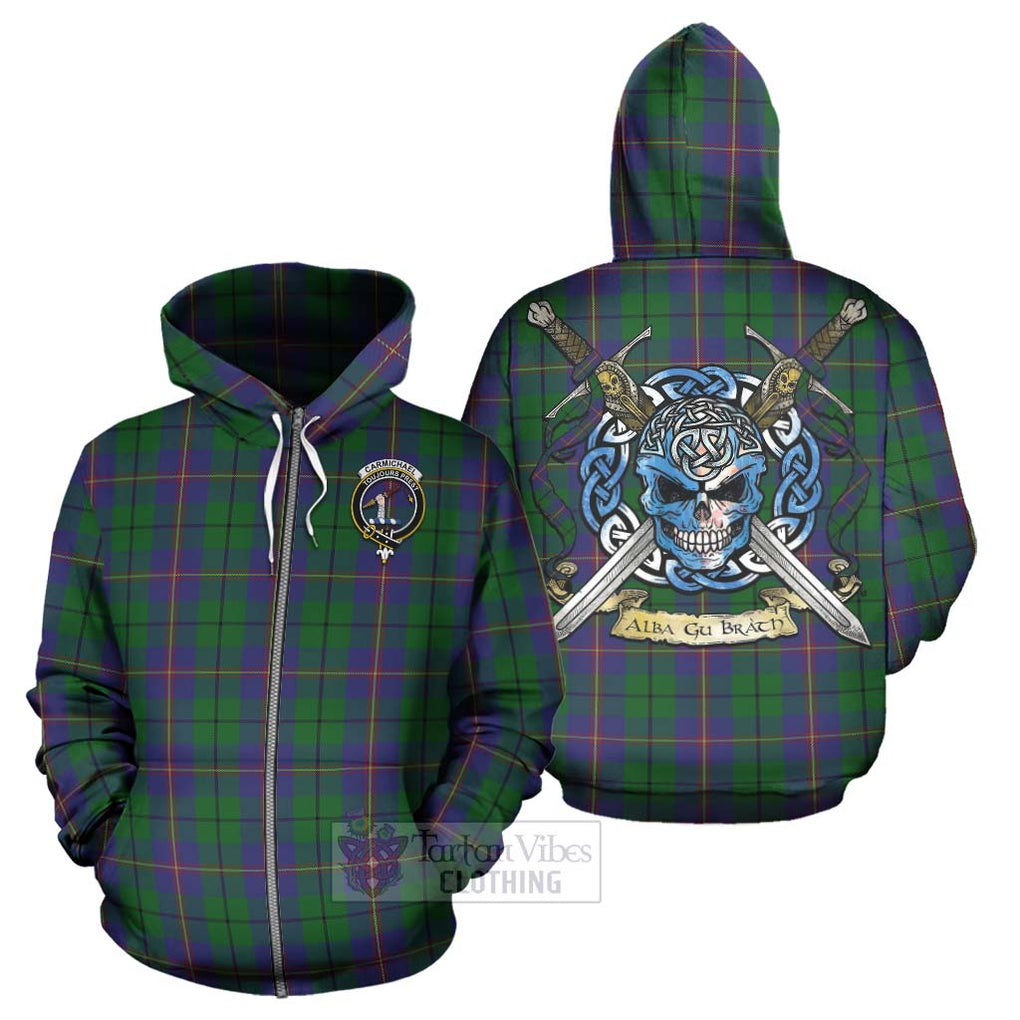 Tartan Vibes Clothing Carmichael Tartan Hoodie with Family Crest Celtic Skull Style