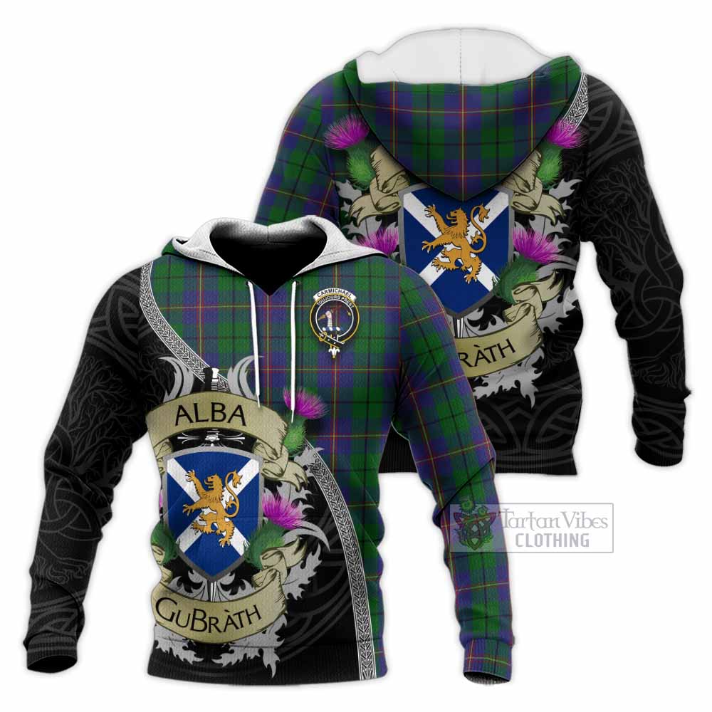 Tartan Vibes Clothing Carmichael Tartan Family Crest Knitted Hoodie Lion Rampant Royal Thistle Shield Celtic Inspired
