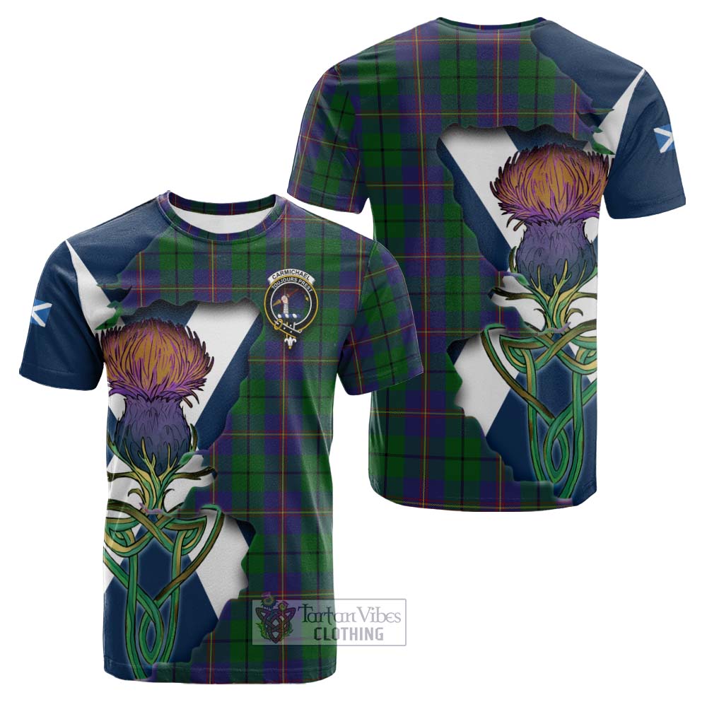 Tartan Vibes Clothing Carmichael Tartan Family Crest Cotton T-shirt Scottish Thistle Celtic Inspired