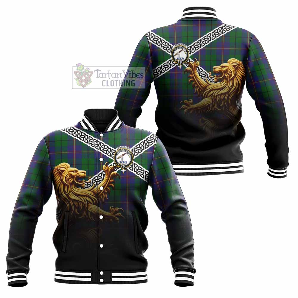 Tartan Vibes Clothing Carmichael Crest Tartan Baseball Jacket with Golden Lion Emblem Celtic Style