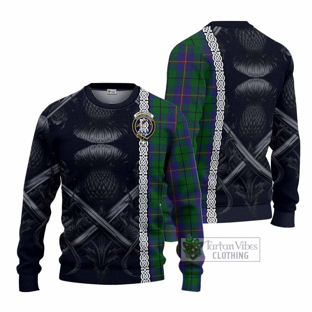 Tartan Vibes Clothing Carmichael Tartan Knitted Sweater with Family Crest Cross Sword Thistle Celtic Vibes