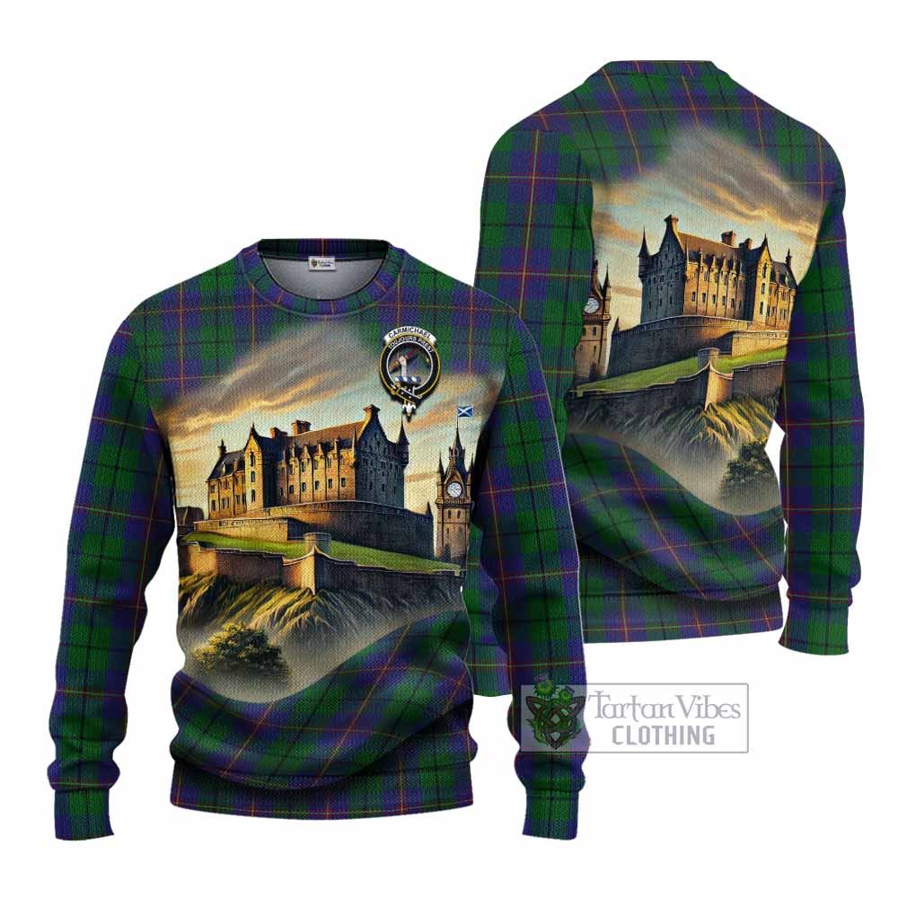 Tartan Vibes Clothing Carmichael Tartan Family Crest Knitted Sweater with Scottish Ancient Castle Style