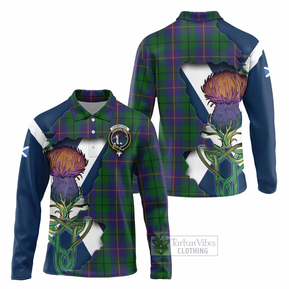 Tartan Vibes Clothing Carmichael Tartan Family Crest Long Sleeve Polo Shirt Scottish Thistle Celtic Inspired