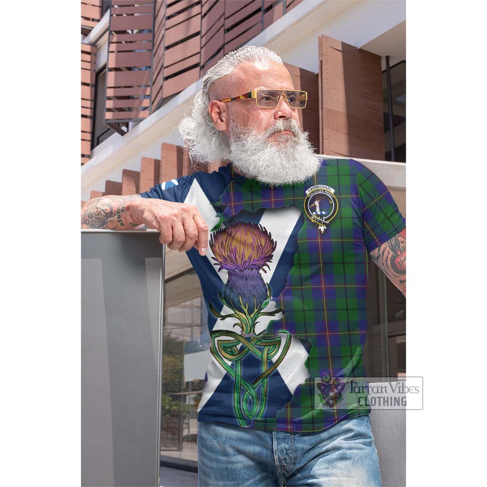 Tartan Vibes Clothing Carmichael Tartan Family Crest Cotton T-shirt Scottish Thistle Celtic Inspired