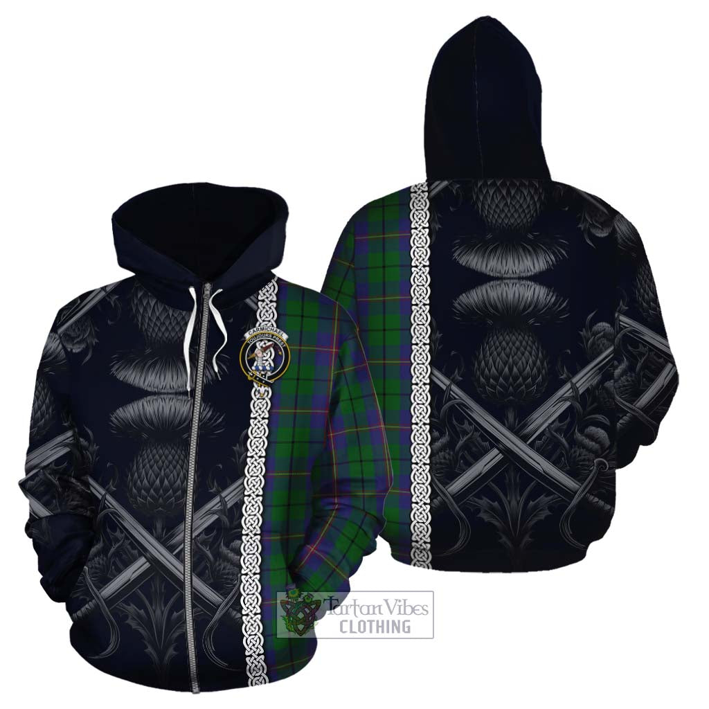 Tartan Vibes Clothing Carmichael Tartan Cotton Hoodie with Family Crest Cross Sword Thistle Celtic Vibes