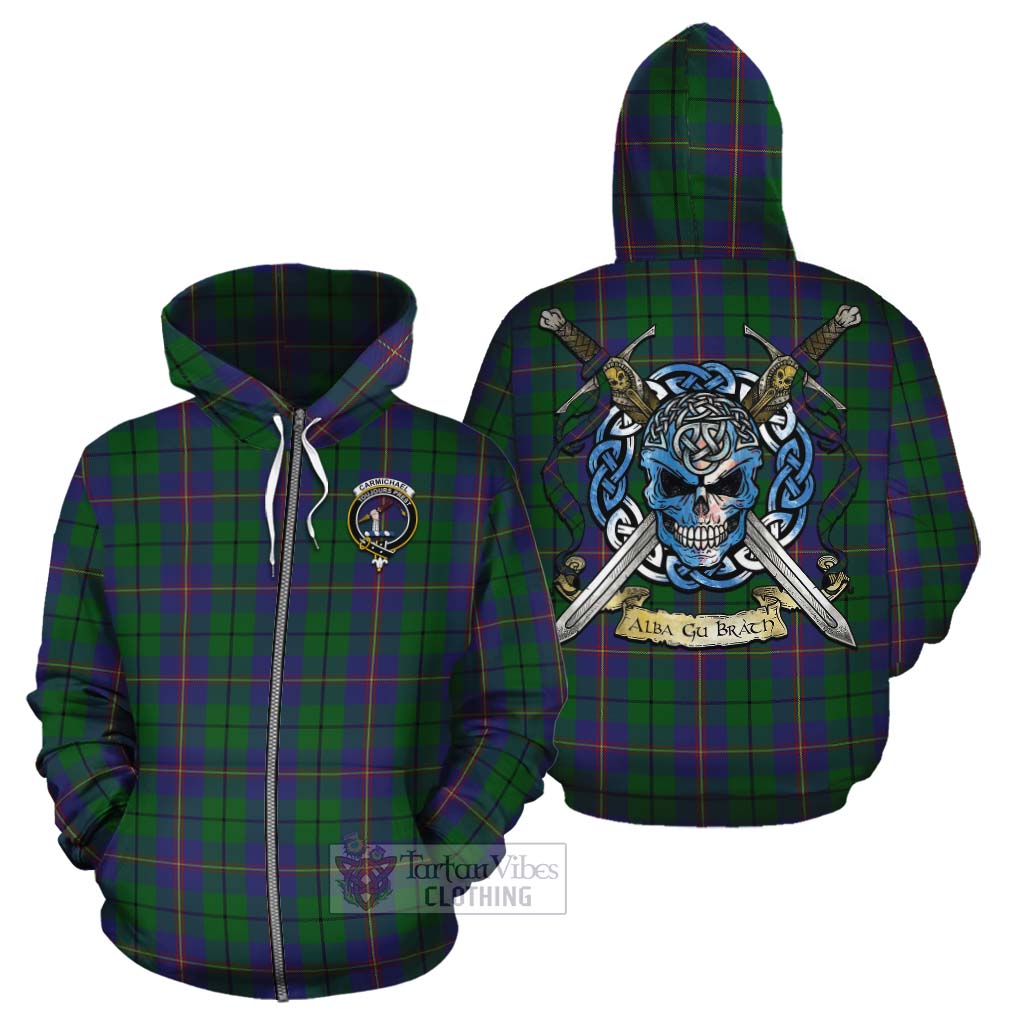 Tartan Vibes Clothing Carmichael Tartan Cotton Hoodie with Family Crest Celtic Skull Style