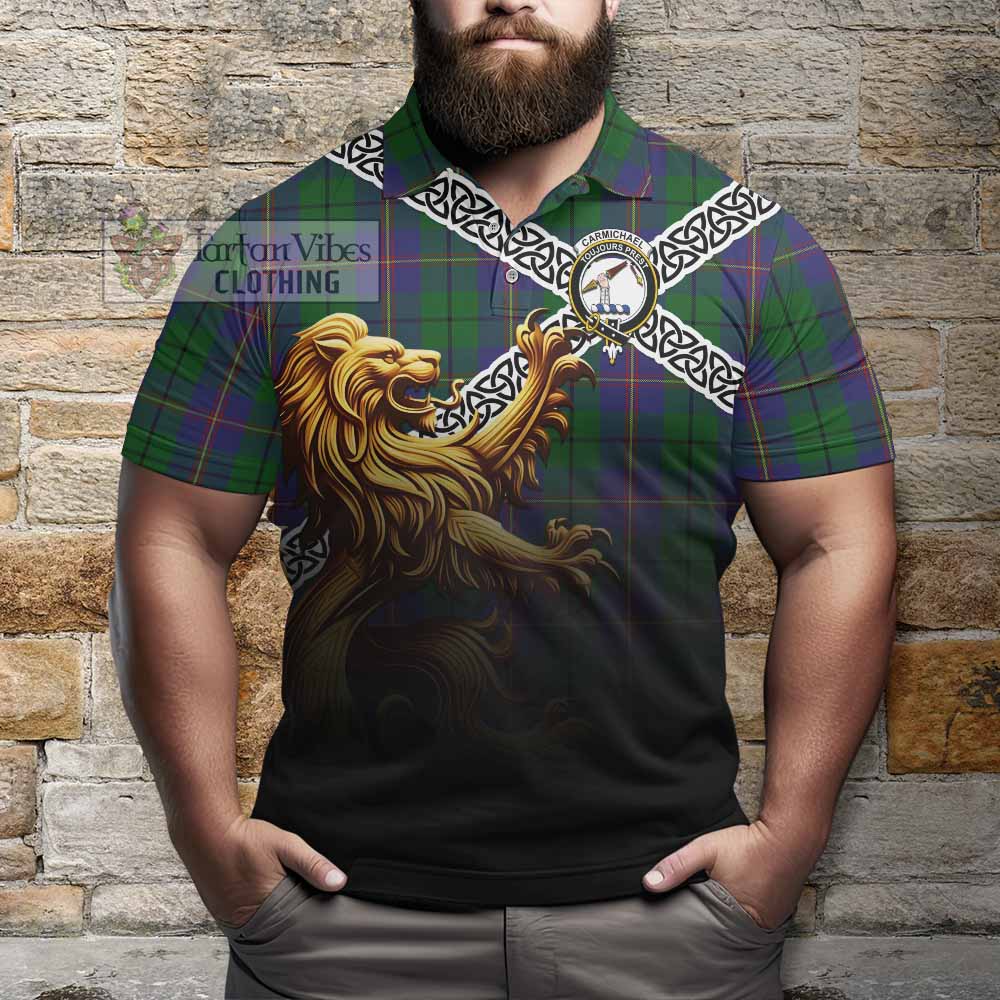 Tartan Vibes Clothing Carmichael Crest Tartan Polo Shirt with Golden Lion Emblem Celtic Style