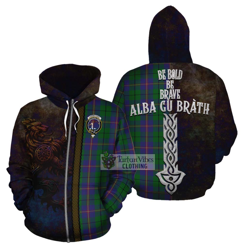Tartan Vibes Clothing Carmichael Tartan Family Crest Cotton Hoodie Alba Gu Brath Be Brave Lion Ancient Style