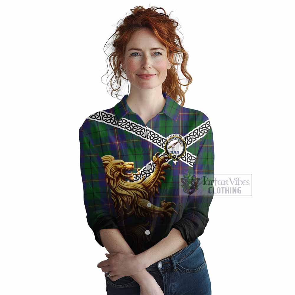 Tartan Vibes Clothing Carmichael Crest Tartan Women's Casual Shirt with Golden Lion Emblem Celtic Style