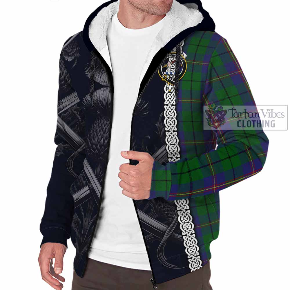 Tartan Vibes Clothing Carmichael Tartan Sherpa Hoodie with Family Crest Cross Sword Thistle Celtic Vibes