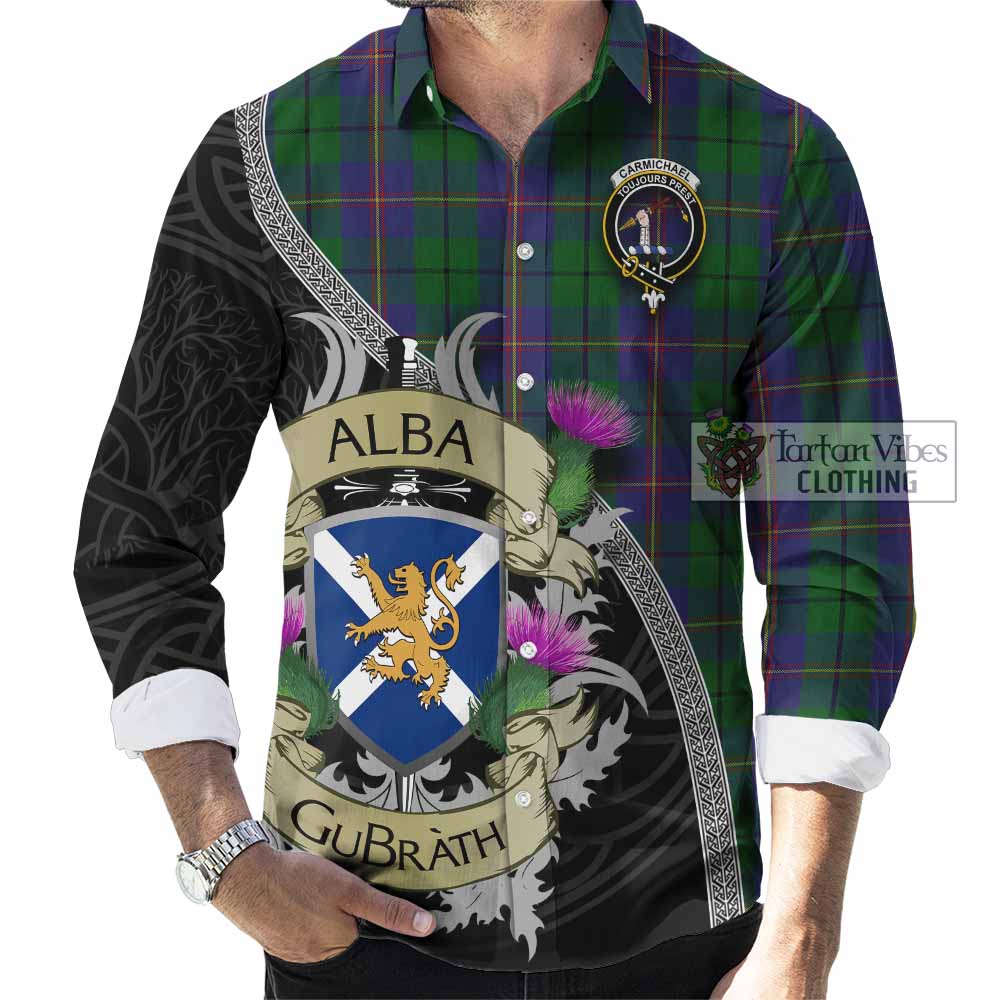 Tartan Vibes Clothing Carmichael Tartan Family Crest Long Sleeve Button Shirt Lion Rampant Royal Thistle Shield Celtic Inspired